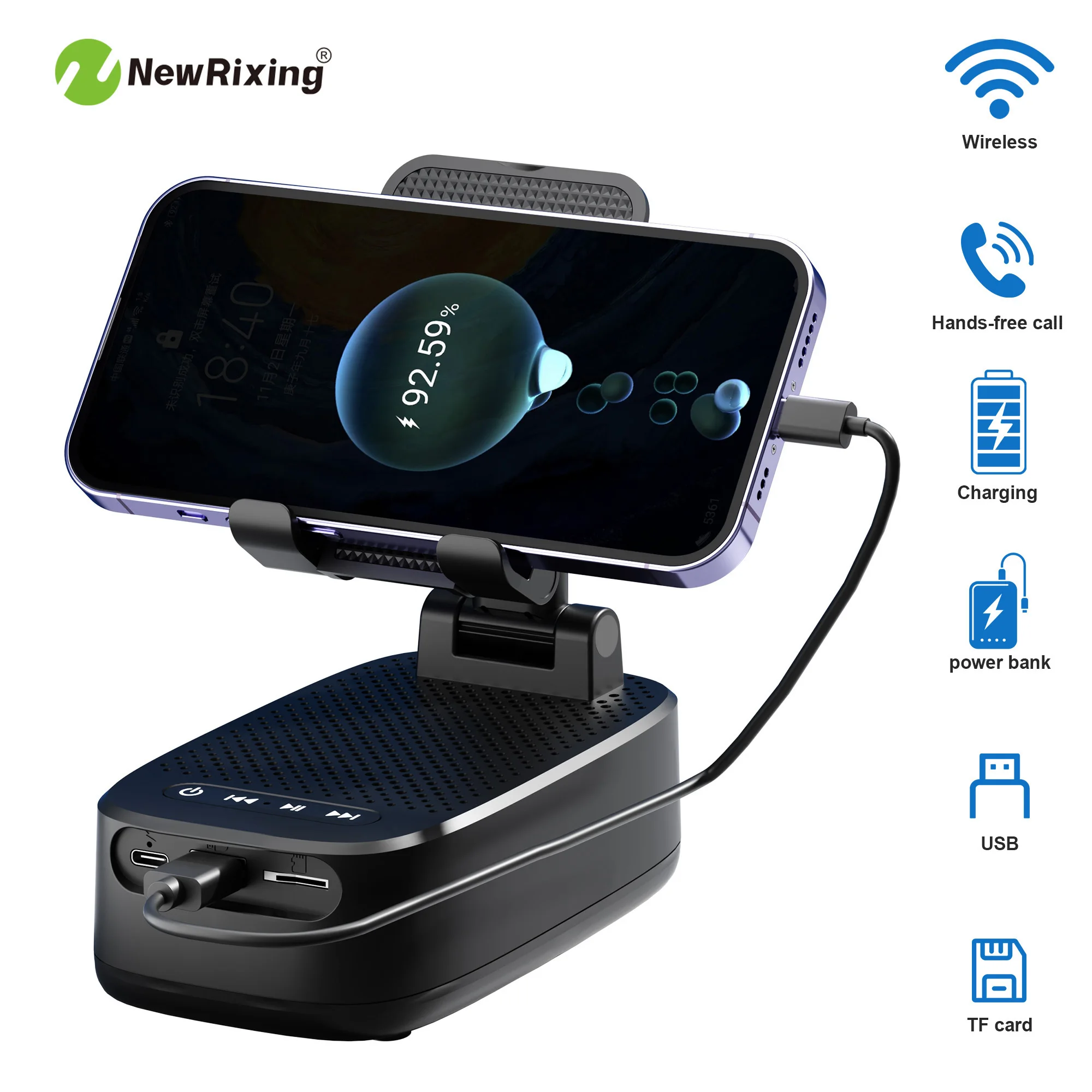 Kabelloser Telefonhalter, tragbarer Lautsprecher, Lautsprecher-Telefonhalter, Notfall-Powerbank, 1800-mAh-Akku, USB-Aufladung, Freisprecheinrichtung Image