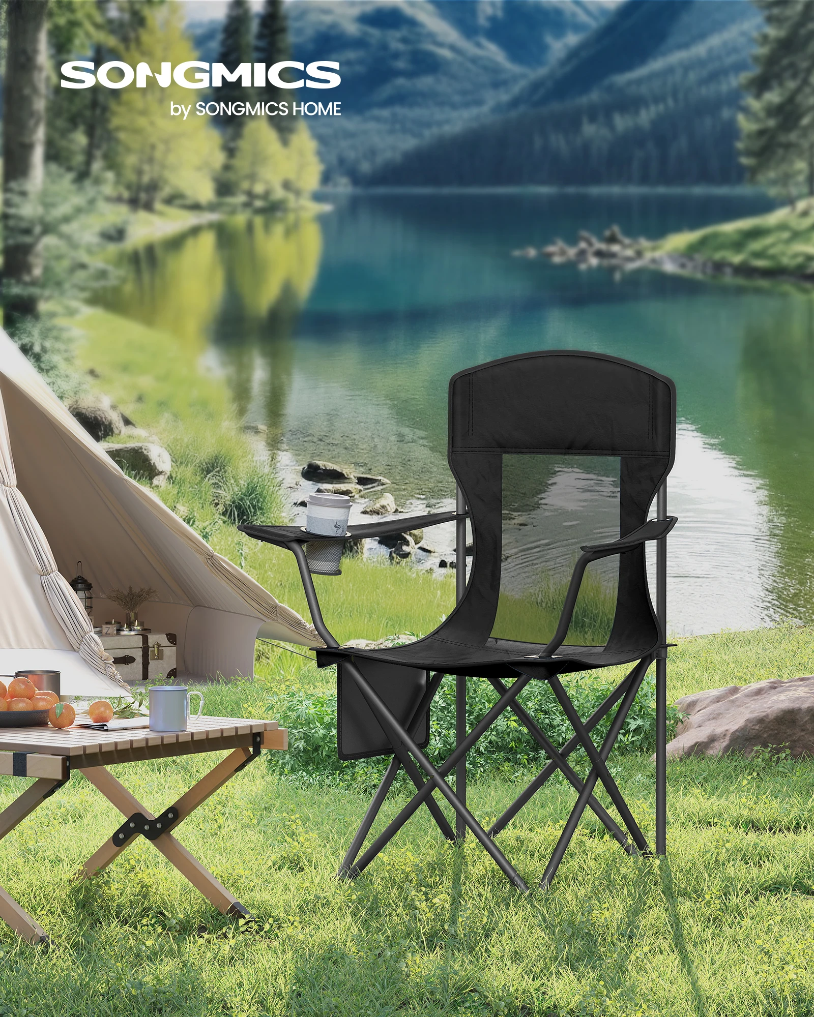 SONGMICS Campingstuhl 2er Set, Klappstuhl Outdoor, Angelstuhl, hohe Rückenlehne, verstellbare Armlehnen, Getränkehalter, klappbar, bis 150 kg belastbar, Camping Garten