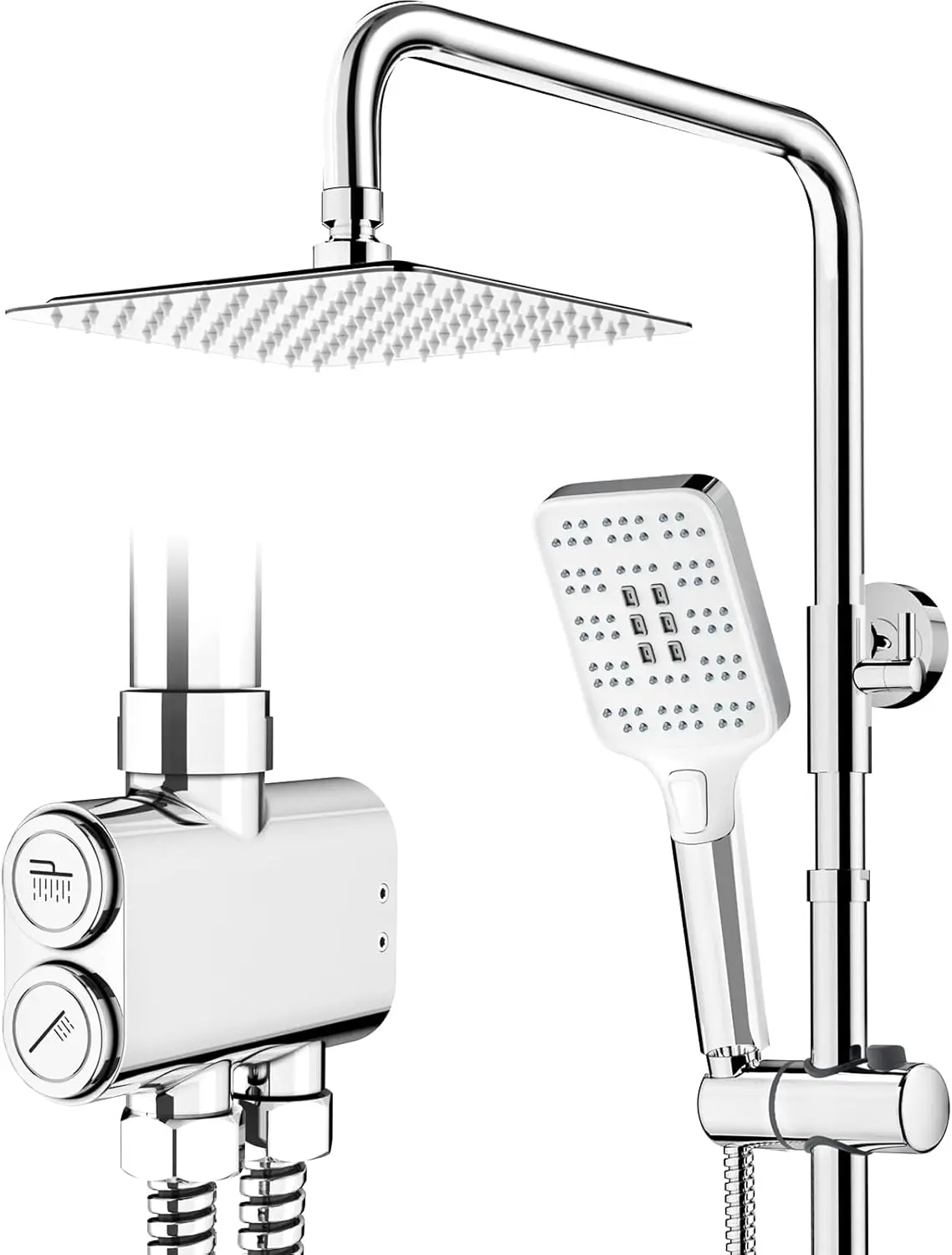 Duschsystem ohne Armatur Chrom – Duschset mit 20 x 20 cm eckiger Regendusche und Handbrause mit 3 Strahlarten, Duschsäule zur Nachrüstung für Bad & Dusche, Höhenverstellbare Duschstange inkl.