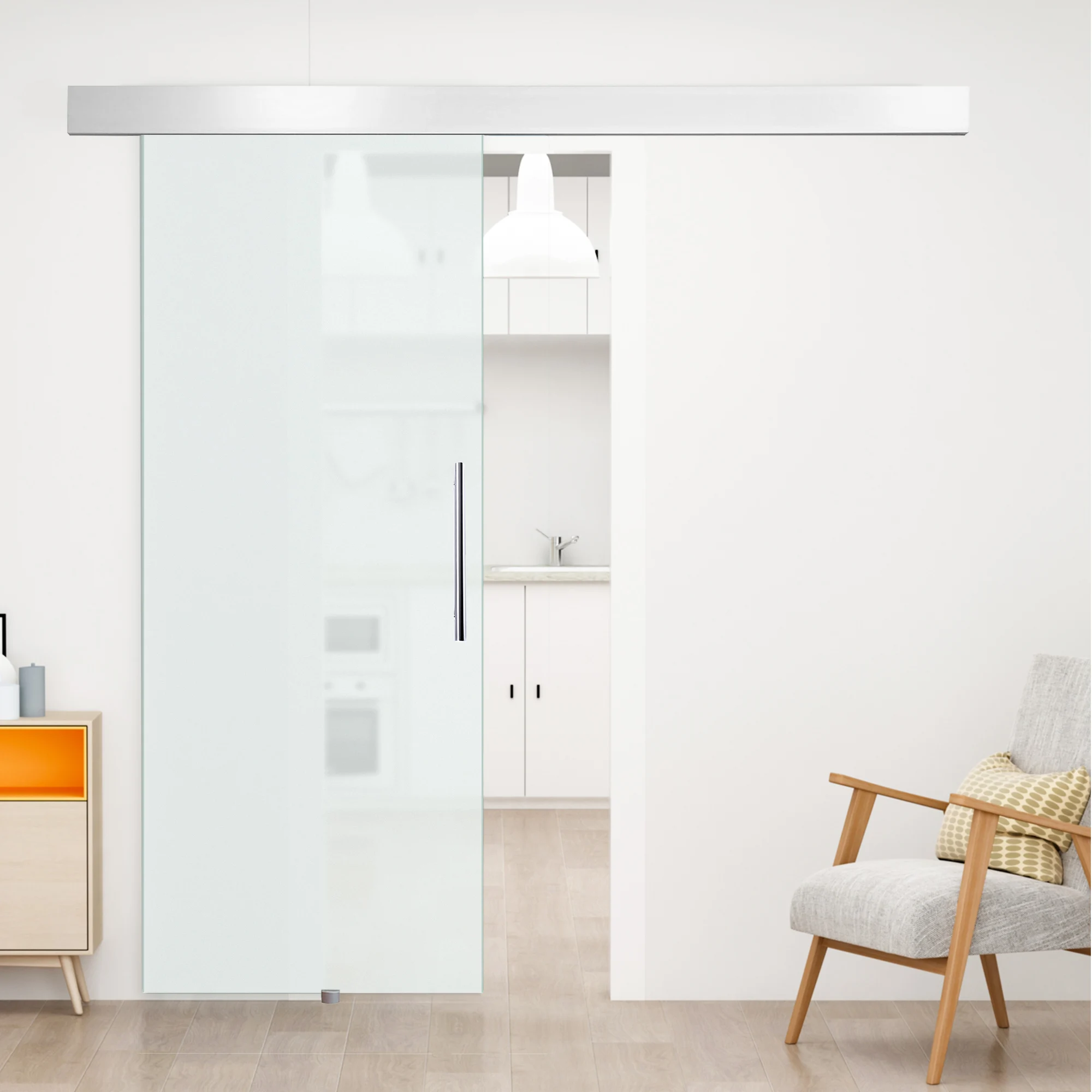 2050x900mm Schiebetür-Komplettset, Zimmertür mit Griffleiste, Einseitig Mattiert, für Heim & Büro Innenbereich