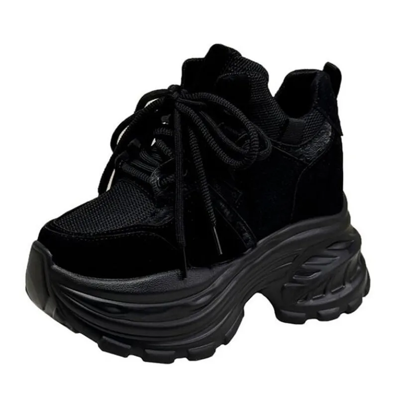 9CM Neue Damen Plateau-Sneaker mit Schnürung, Herbst-Sportschuhe, High-Top Chunky Freizeitschuhe, Damen Dicksohlige Mesh-Schuhe in Weiß