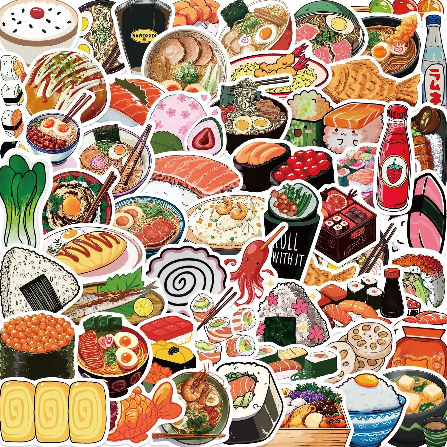 55 Stück niedliche japanische Lebensmittel-Aufkleber, wasserfeste Vinyl-Aufkleber mit Sushi, Ramen, Lachs, für Laptop, Gepäck, Gitarre, Helm, DIY-Aufkleber Image
