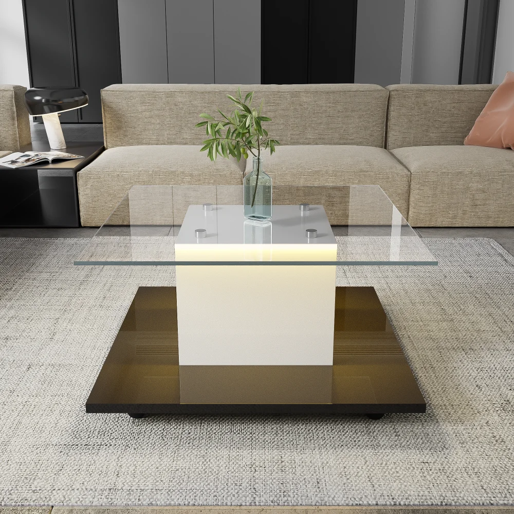 Hochglanz-Glas-Couchtisch, Beweglicher Mitteltisch mit Schwenkrollen, Moderner Rolltisch für Wohnzimmer, Universelles Raddesign, Minimalistischer Sofa-Beistelltisch, Tragbarer Freizeittisch für