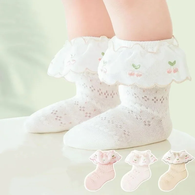 Babysocken für Mädchen, Spitze, Rüschen, Prinzessin, Sommer, dünn, süß, niedlich, Mesh, atmungsaktiv, Baumwolle, weich, Kleinkind-Mädchensocken, kurze Kindersocken Image