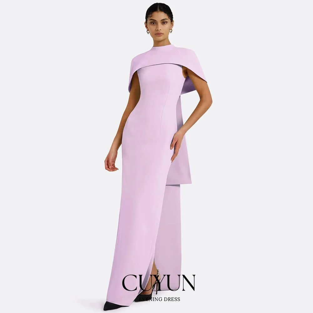 CUYUN Maßgeschneidertes Abendkleid mit Cape, O-Ausschnitt, bodenlang, Säulenform, für Damen, drapiert, Rückenschlitz, Schwarz, formelles Partykleid Image