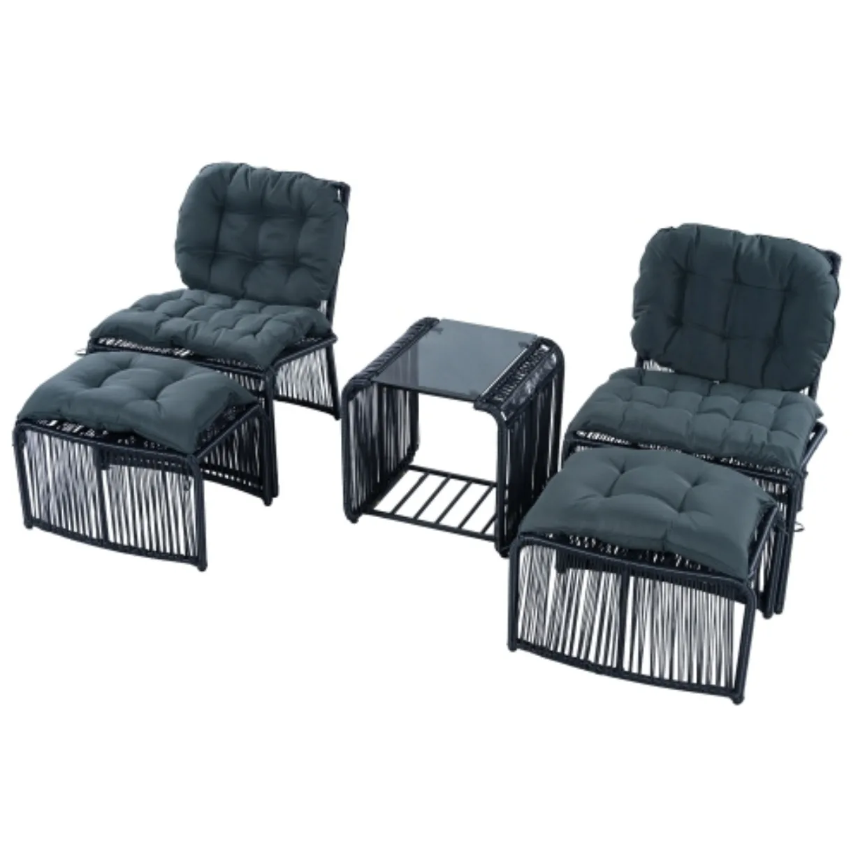 5-teiliges PE-Rattan-Gartenmöbel-Set, Tisch, 2 Stühle & 2 Hocker, Eisenrahmen, Kissen & Glasplatte, Wetterfest für die Terrasse