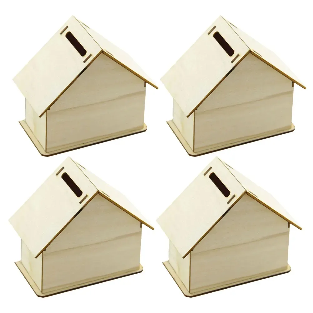 4 stücke Holz Haus Lagerung Box DIY Malerei Blank Holz Halter Geld Süßigkeiten Container Desktop Home Box Holz Farbe