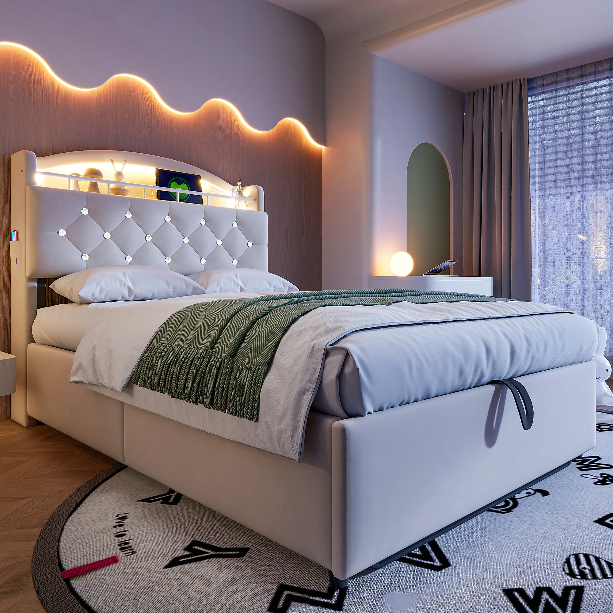 Kinder-Castorbett 90x200 cm, LED & USB, stabil, Kinderzimmer, Stauraum, Samt beige, ohne Matratze