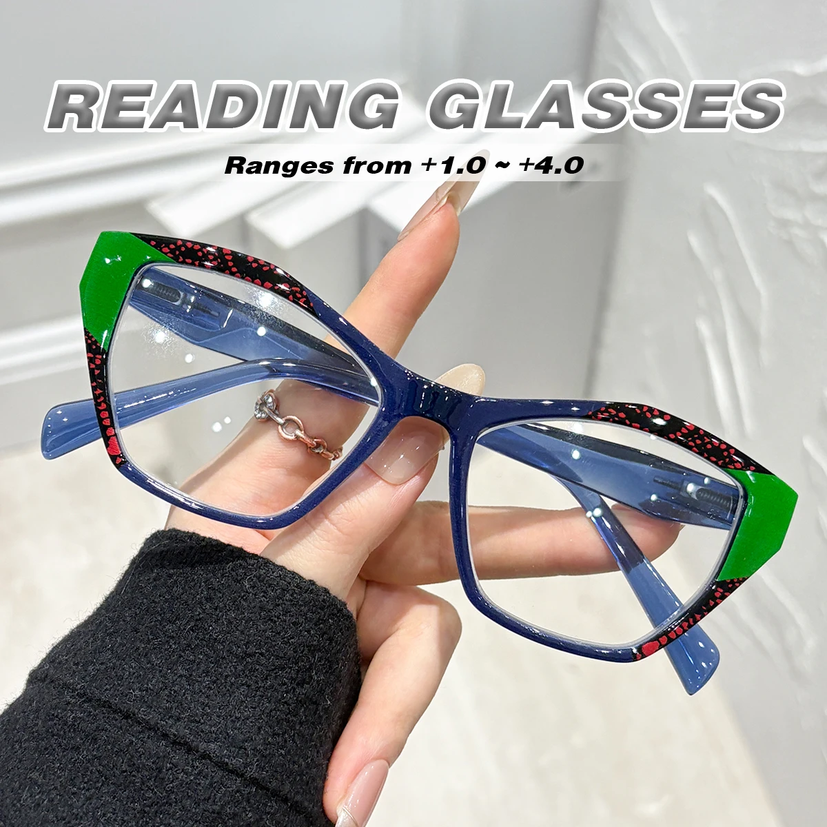 Kontrastfarbige, gepunktete Lesebrille mit unregelmäßigem Rahmen, nicht steif, modische, dekorative Lesebrille +1,0 bis +4,0 Image