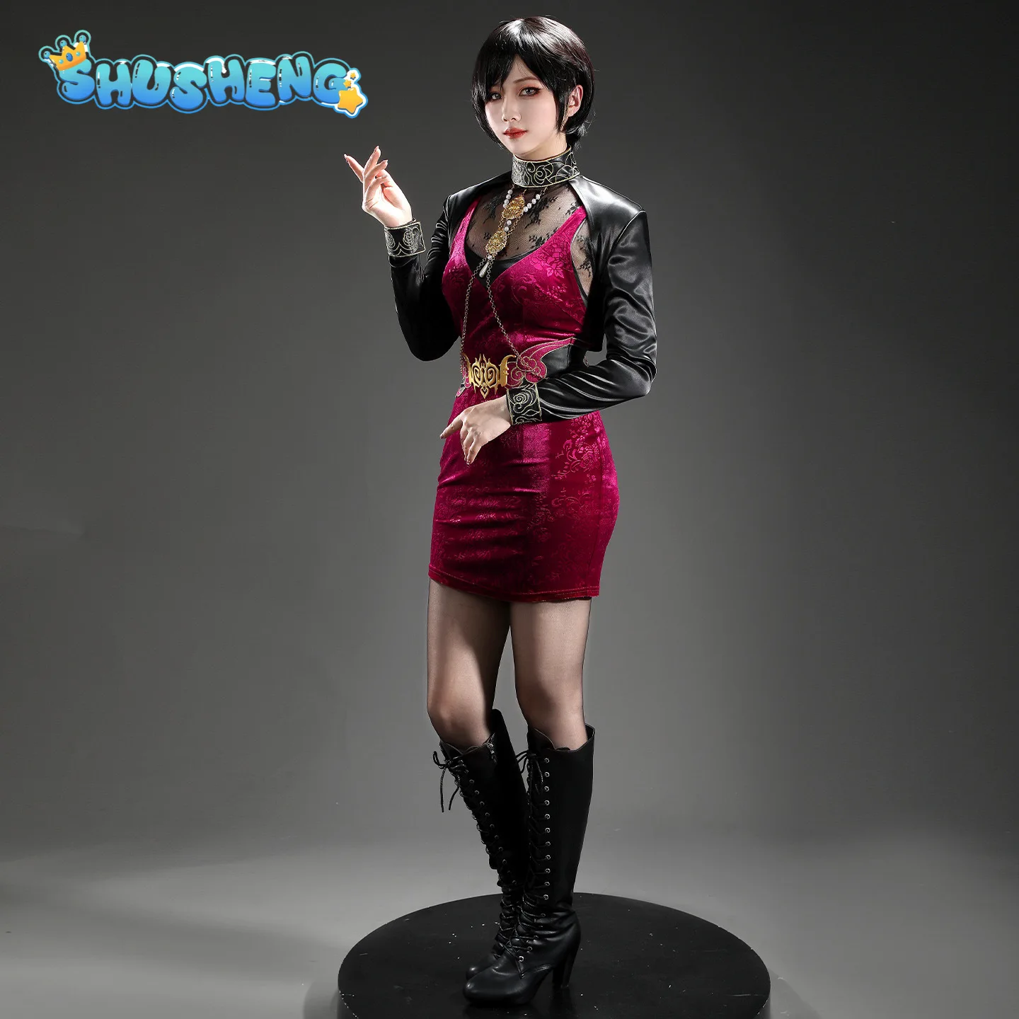 Ada Wong 30. Jubiläum Resident Evil Game Biohazard Cosplay Kostüm Halloween Damen Herren Sexy Gold Samtkleid Schuhe Anzug