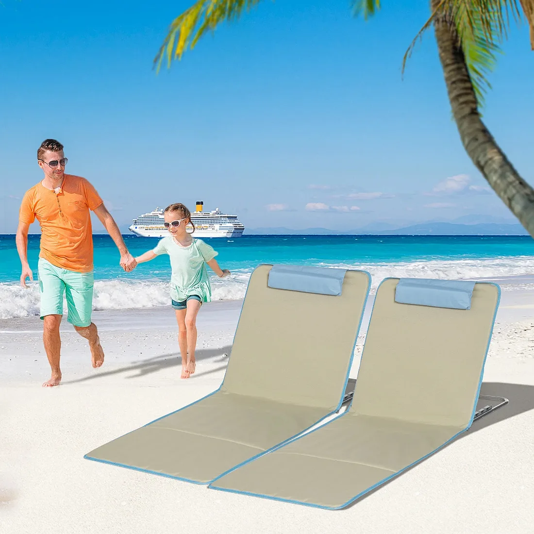 2er-Set klappbare Strandliegen, Beige, 5-fach verstellbar, Stahl, mit Kissen & Tragetasche, 134x48x33-43cm
