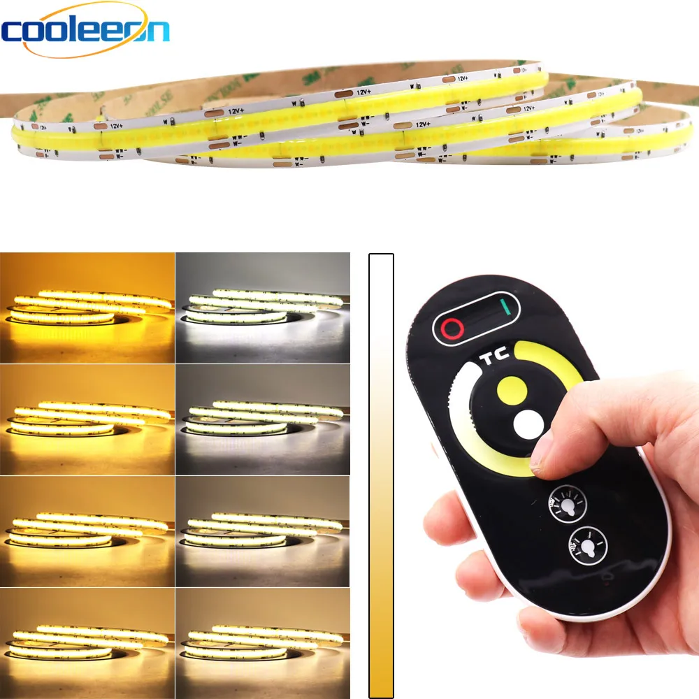 5 m 10 m zweifarbiger CCT-COB-Streifen, LED-Lichtleiste mit RF-Dimmer, 24 V, 12 V, flexibles FOB-COB-Band, gelb, weiß, 2700–6500 K, Farbe dimmbar Image