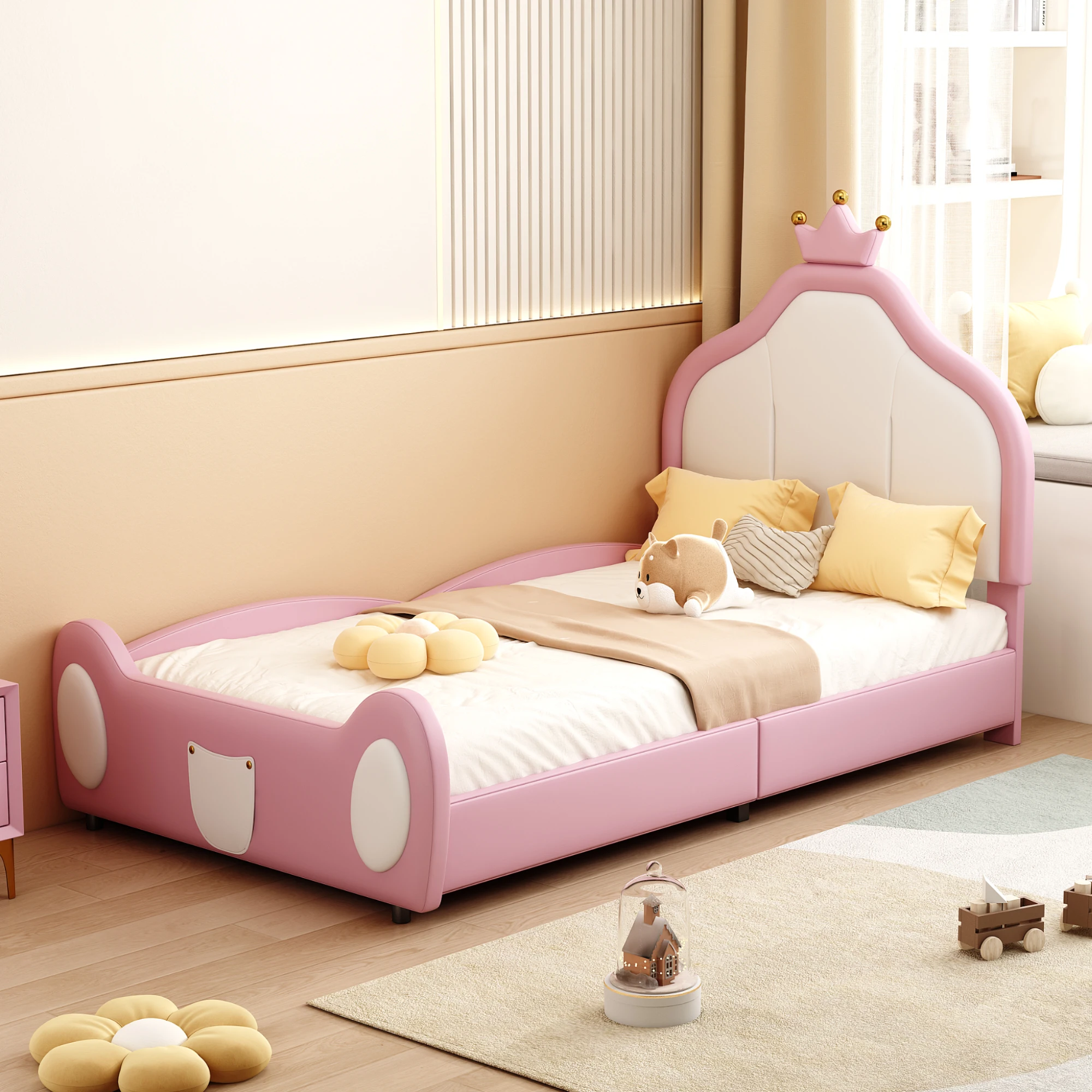 Kinderbett 90x200 cm, Kronenkopf & Polsterrahmen, für Kinderzimmer, pflegeleicht, Kunstleder rosa & weiß, ohne Matratze