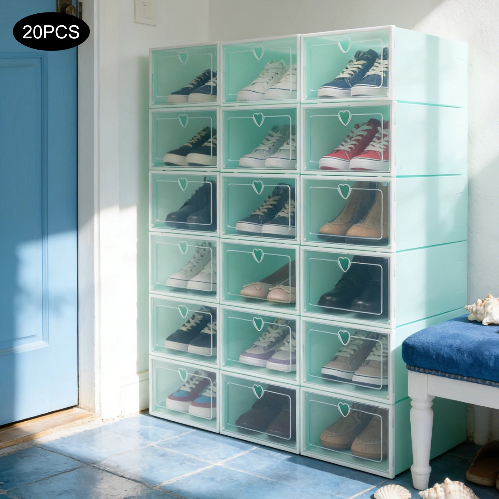 20 Stück Schuhkartons mit Klappdeckel, große, herzförmige, stapelbare, faltbare, staubdichte Organizer mit transparenter Vorderseite für Schuhschrank, Schlafzimmer