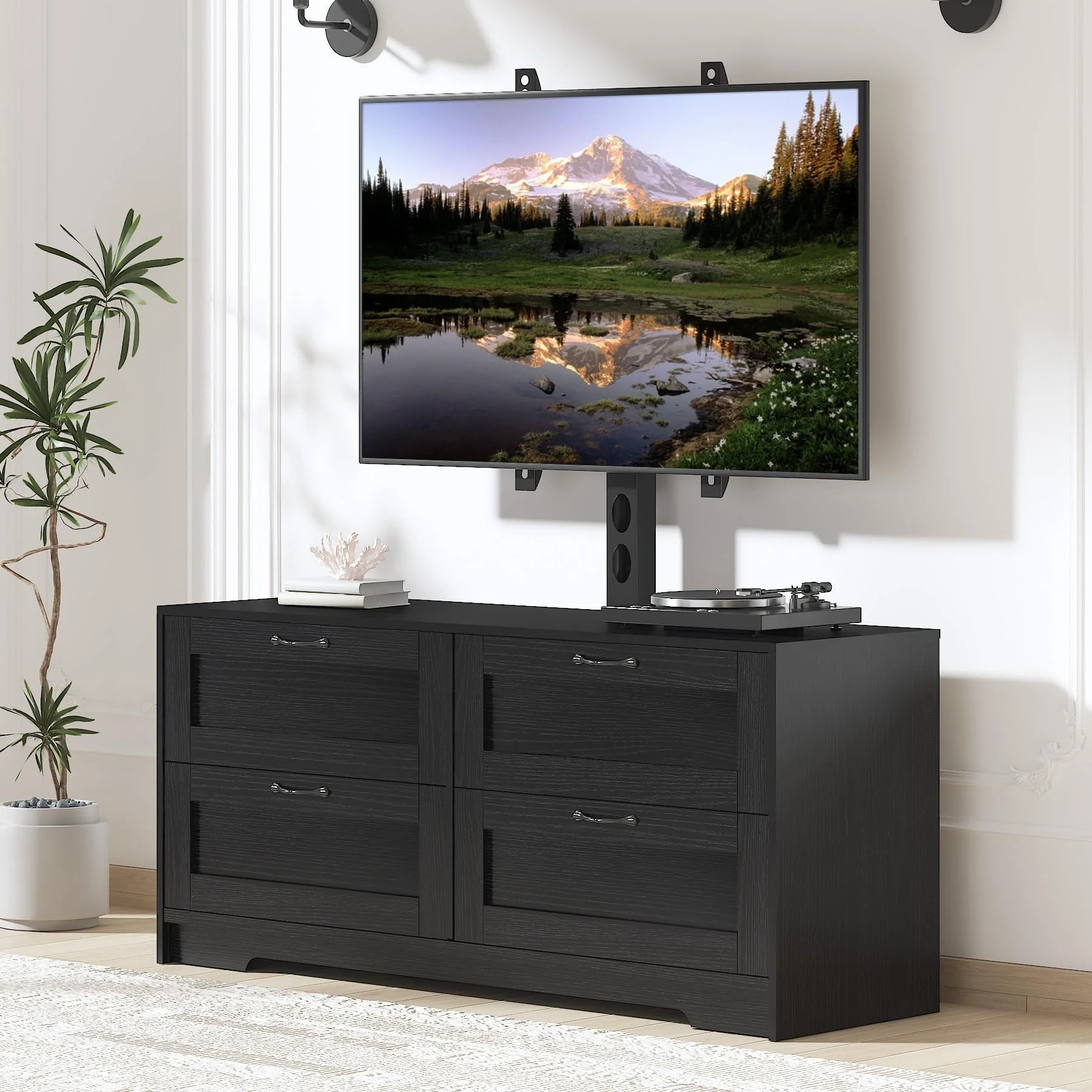 Modernes TV-Lowboard mit Halterung, höhenverstellbare Medienkonsole mit 4 Schubladen für 32–80 Zoll Fernseher, Fernsehtisch aus Holz für Schlafzimmer & Wohnzimmer, 110 × 35 × 50 cm, Schwarz