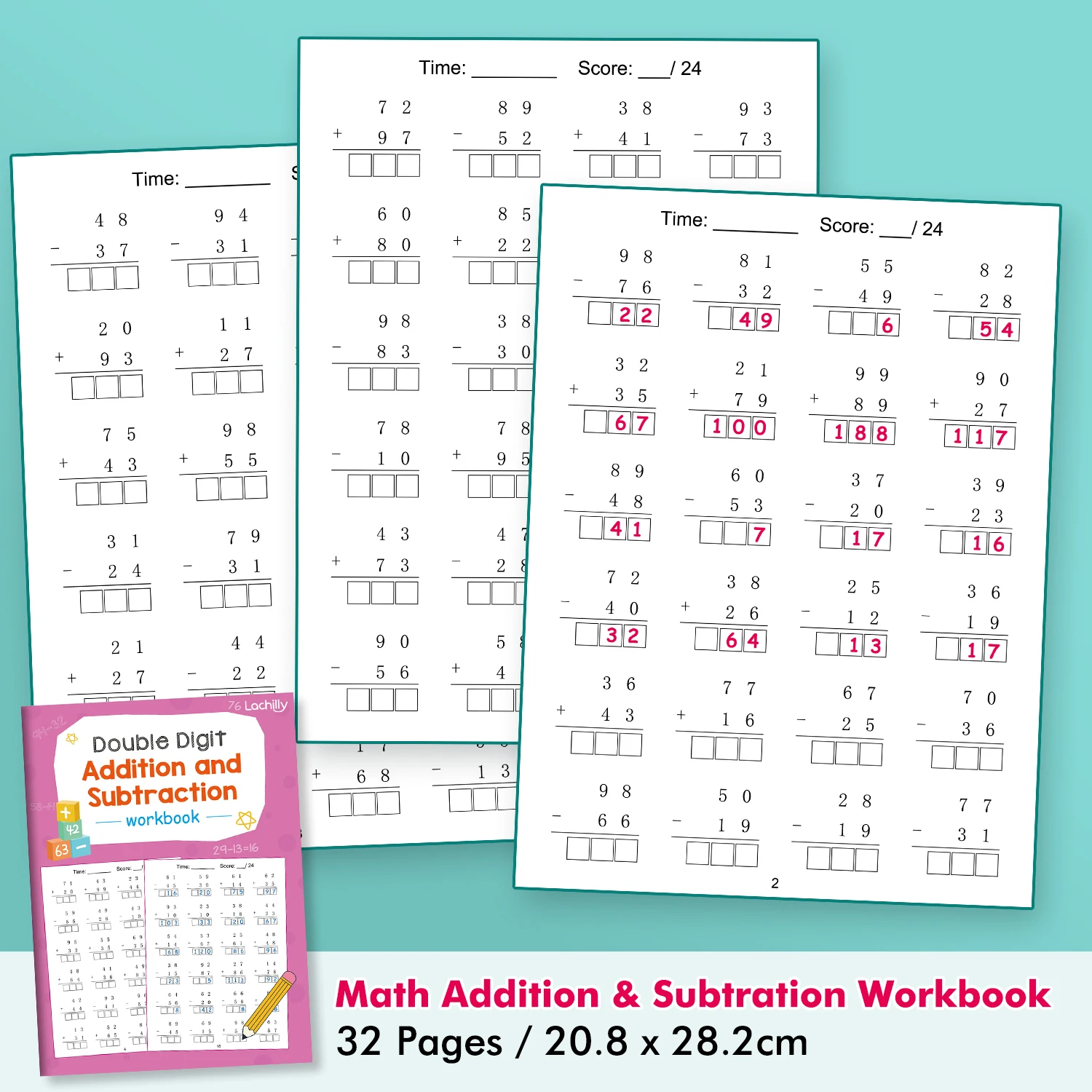 32-seitiges Mathe-Arbeitsbuch für Kinder: Doppelstellige Addition und Subtraktion, vertikale Arithmetik, mathematische Übungsbuch, Lehrmittel Image