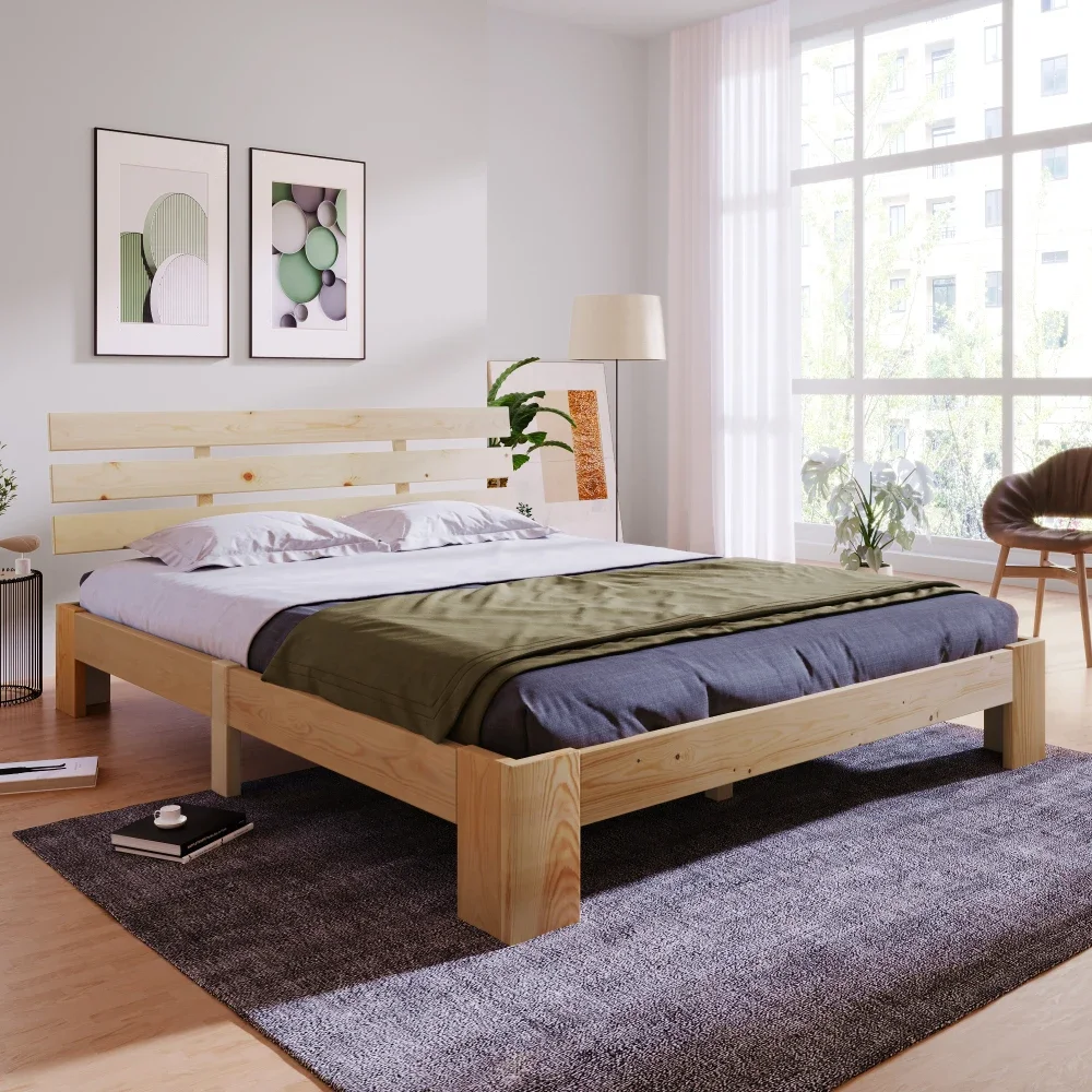 Holzbett Doppelbett mit Kopfteil aus Bettgestell mit Lattenrost - 200 x 140 cm Massivholz Massives Doppelbett als Kiefernbett Image