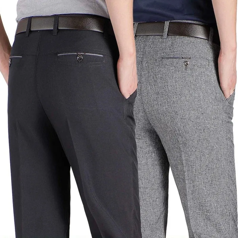 Herren Business-Anzughose, Casual, Mittellange, Weiche, Gepflegte Marken-Arbeitshose, Gerade Passform, Schwarz/Grau, Große Größen 28-40