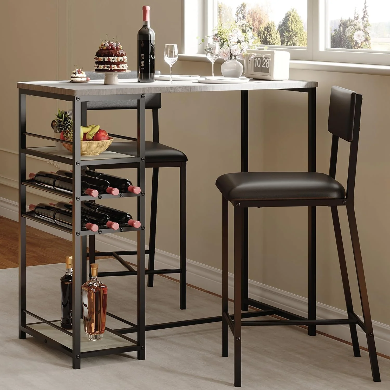 Garvee 3-teiliges Bistro-Tisch-Set – Esstisch mit 2 Stühlen und 3 Ablagen, industrieller Bar-Tisch für Küche und Esszimmer, graues Design mit Metallrahmen, platzsparendes Möbel-Set