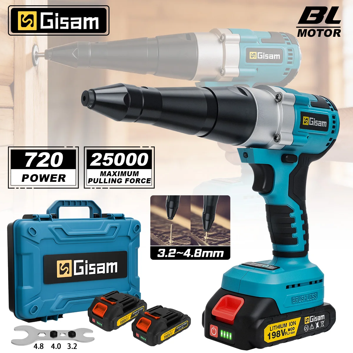 Gisam 25000N Bürstenloser Akku-Nietpistole 3,2-4,8mm Nietmutternpistole Bohrer Automatisches Nietwerkzeug für Makita 18V Akku Image