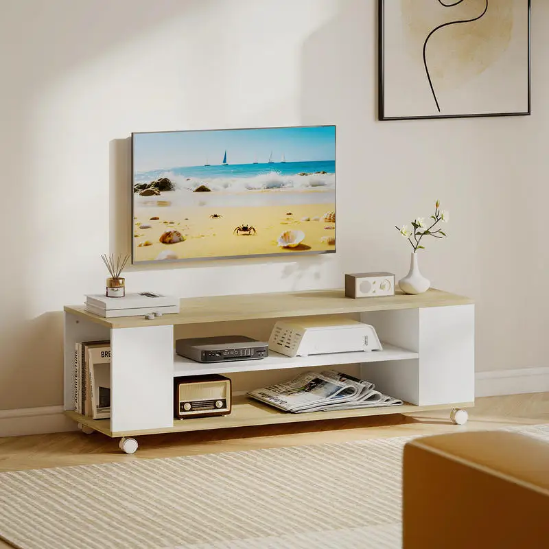Schwebender TV-Schrank mit Rollen und 2 Regalen für Fernseher bis zu 55 Zoll 120x40x38,5 cm Weiß