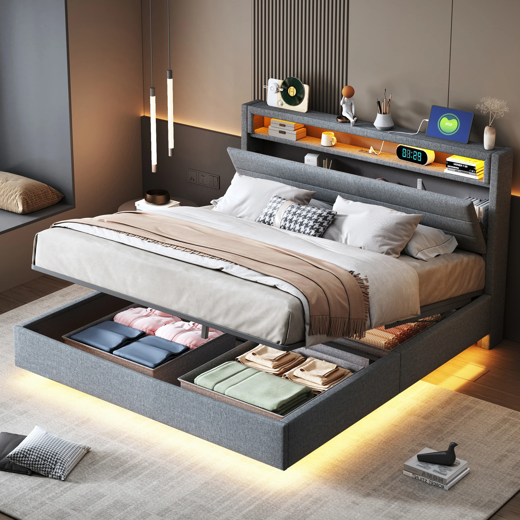 Castorbett 140x200 cm, USB & dimmbare LED, stabil, für Zimmer, platzsparend, Stoff grau, ohne Matratze Image