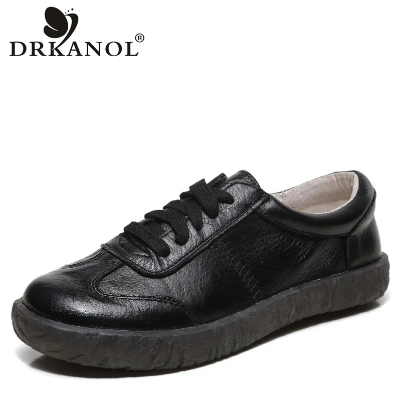 DRKANOL 2026 Neue Frühjahr Frauen Flache Schuhe Lace Up Runde Kappe Aus Echtem Leder Wohnungen Frauen Casual Schuhe Weichen Boden Damen Schuhe