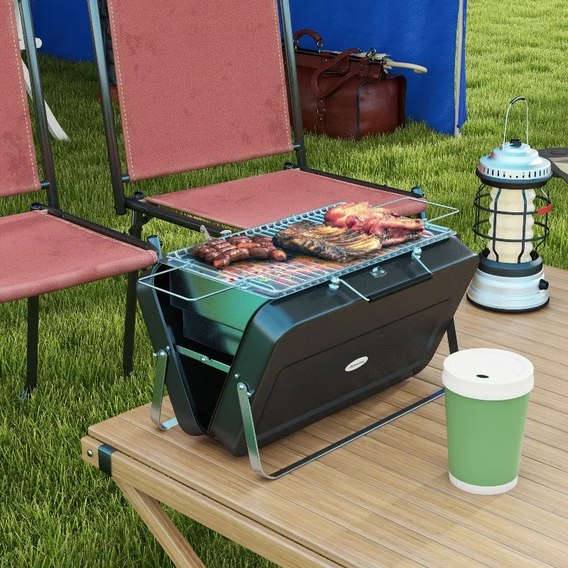 Mini-Holzkohlegrill, tragbarer BBQ-Grill mit Kofferhülle, faltbarer Tischgrill für Garten, Camping, Picknick, schwarz Image