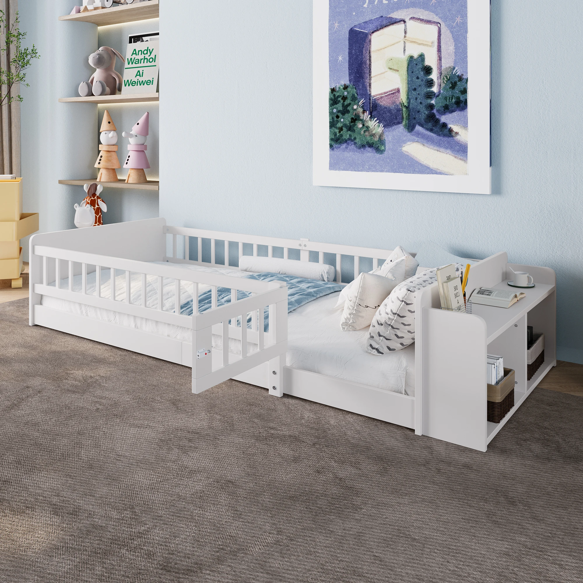 Bett mit Schutzgitter, Einzelbett mit offenem Stauraum, Regalen und Öffnungstür, 90×200 cm Image