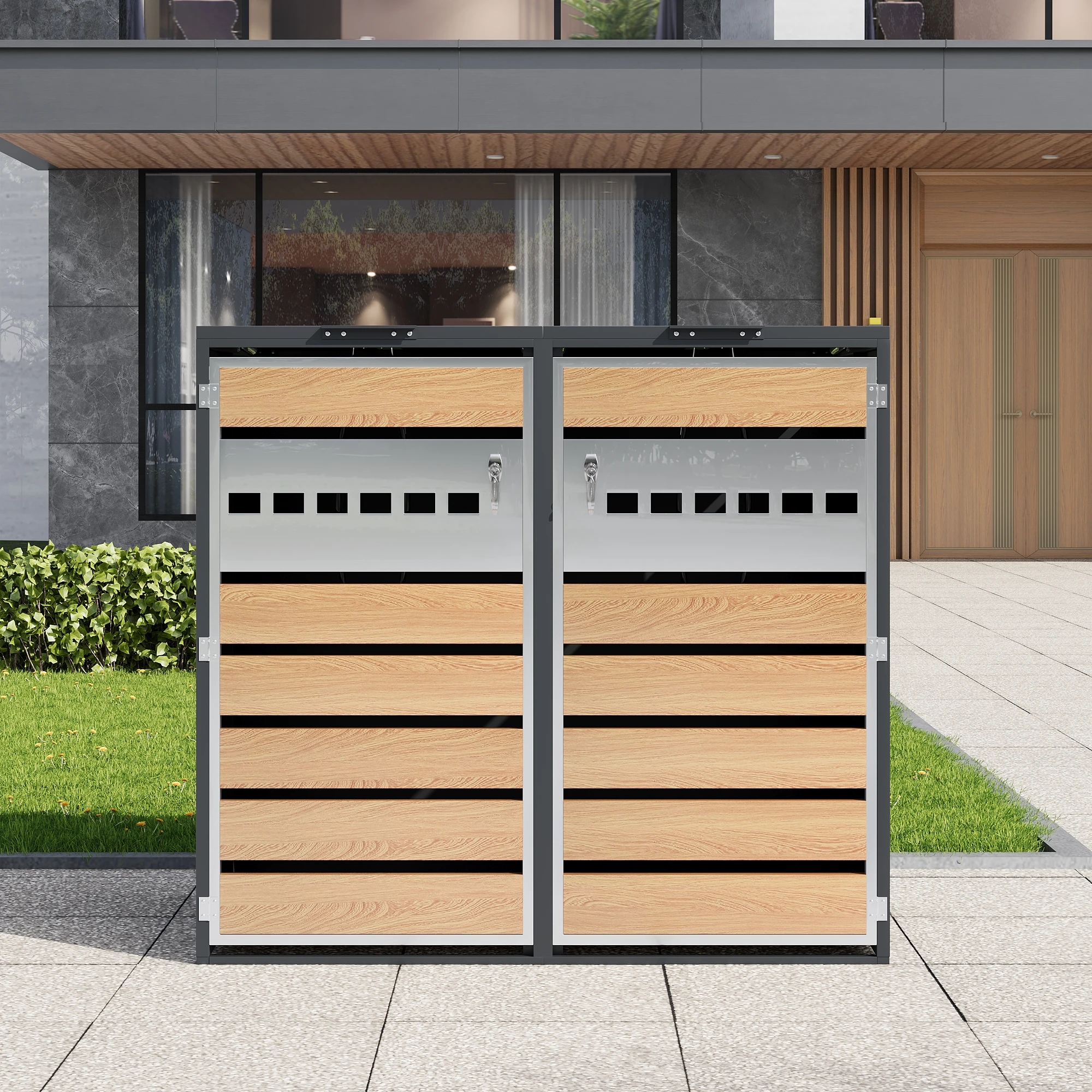 Mülltonnenbox aus Stahl, Doppelfach & Hydraulikdeckel, für Garten, leichter Zugang & Belüftung, grau & Holz
