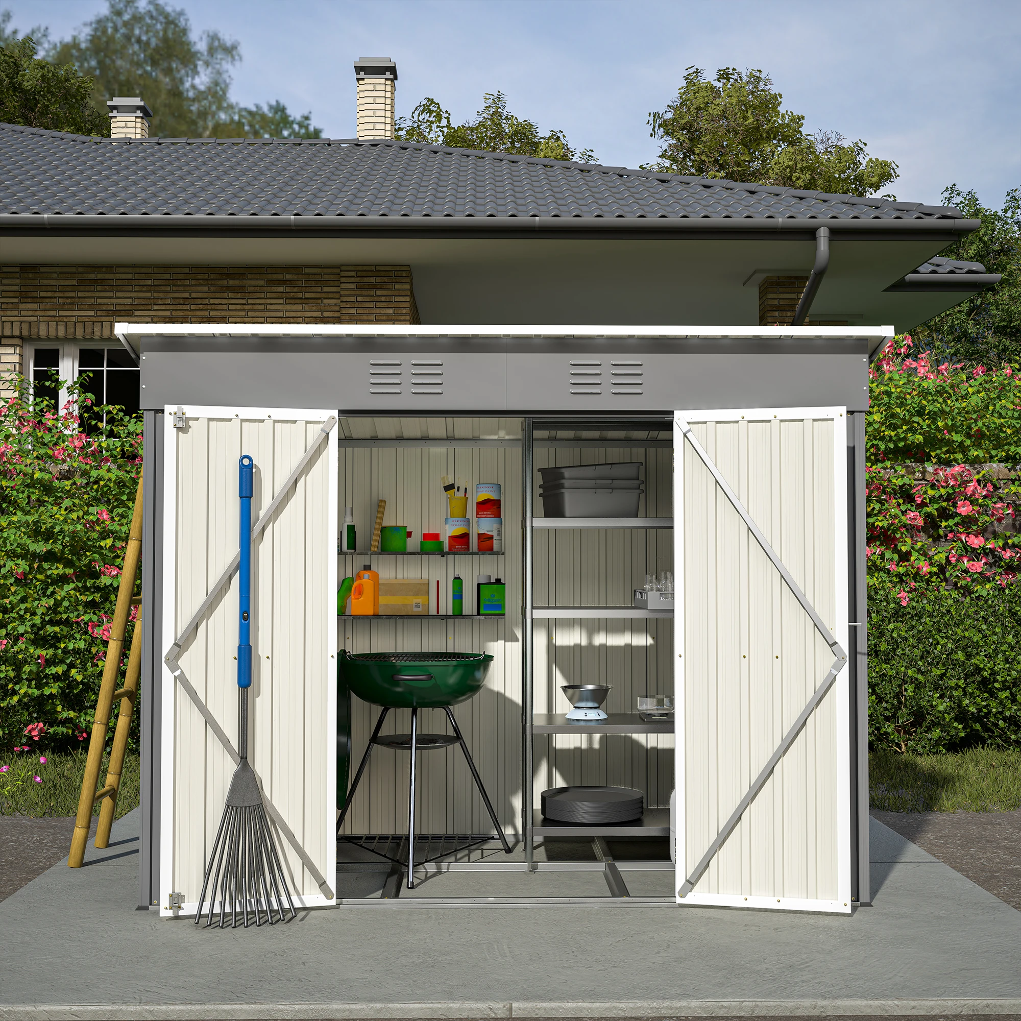 242×111×182cm Metall-Geräteschuppen mit Schrägdach, Doppeltüren, Rostfrei & Wetterfest, Großer Outdoor-Lagerschuppen für die Terrasse Image