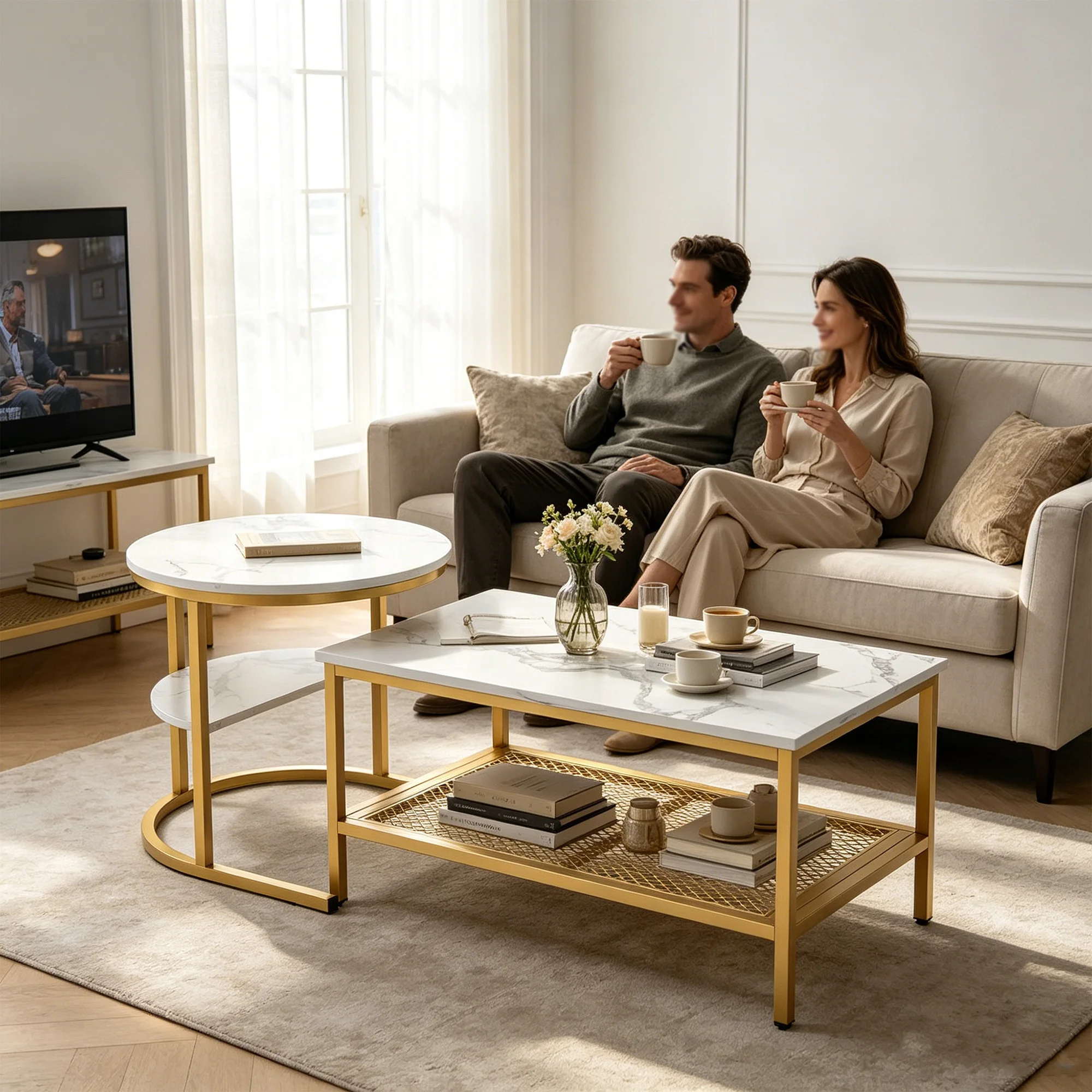 Superaly 2-in-1 Couchtisch, 2er-Set Wohnzimmertisch, Sofatisch, rund und rechteckig in Marmoroptik, Beistelltisch-Set mit Metallrahmen für Wohnzimmer, Schlafzimmer