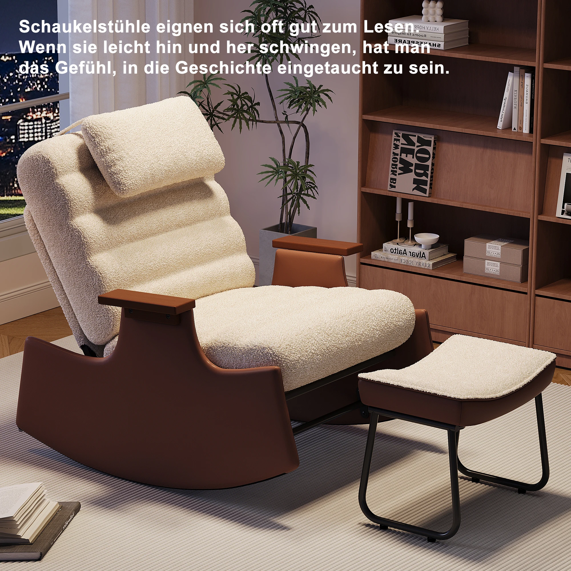 Anajqaqia Liegestuhl mit Fußhocker, Freizeit-Schaukelstuhl, dreifach verstellbare Rückenlehne, Cord/Lammfell Beige