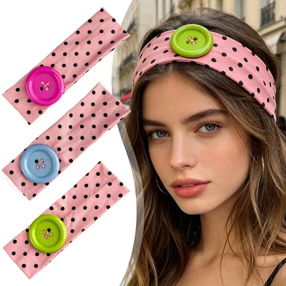 Koreanisches Ins Sweet-Cool Polka-Dot-Stirnband mit elastischem Band, buntes Retro-Y2K-Haarband mit großen Knöpfen, weiches, dehnbares, breites Haar-Accessoire Image