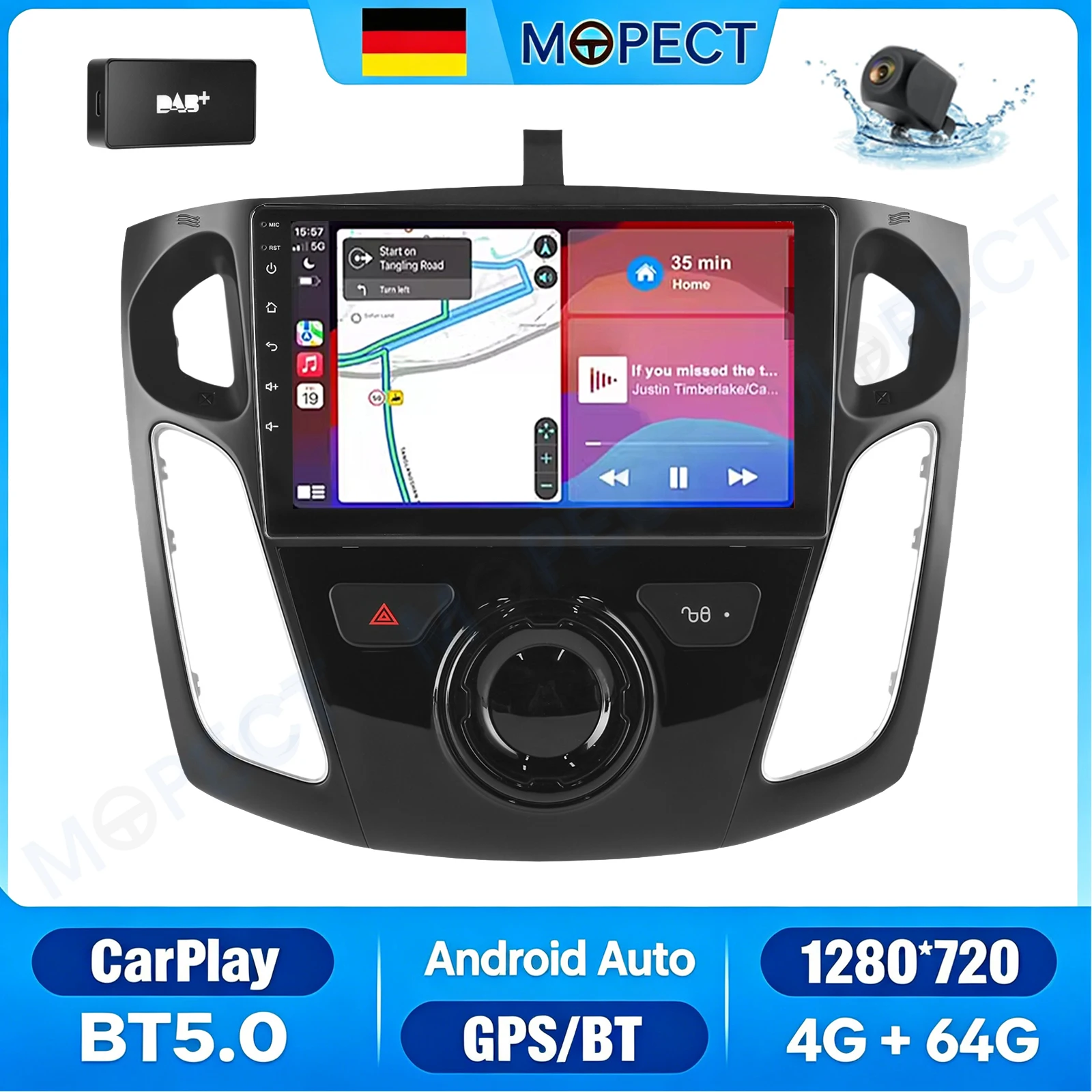 MOPECT 4G+64G Für Ford Focus MK3 2011-2018 9-Zoll-Autoradio mit Carplay, GPS-Navigation, AM/FM, Touchscreen, Bluetooth+DAB&AHD Image