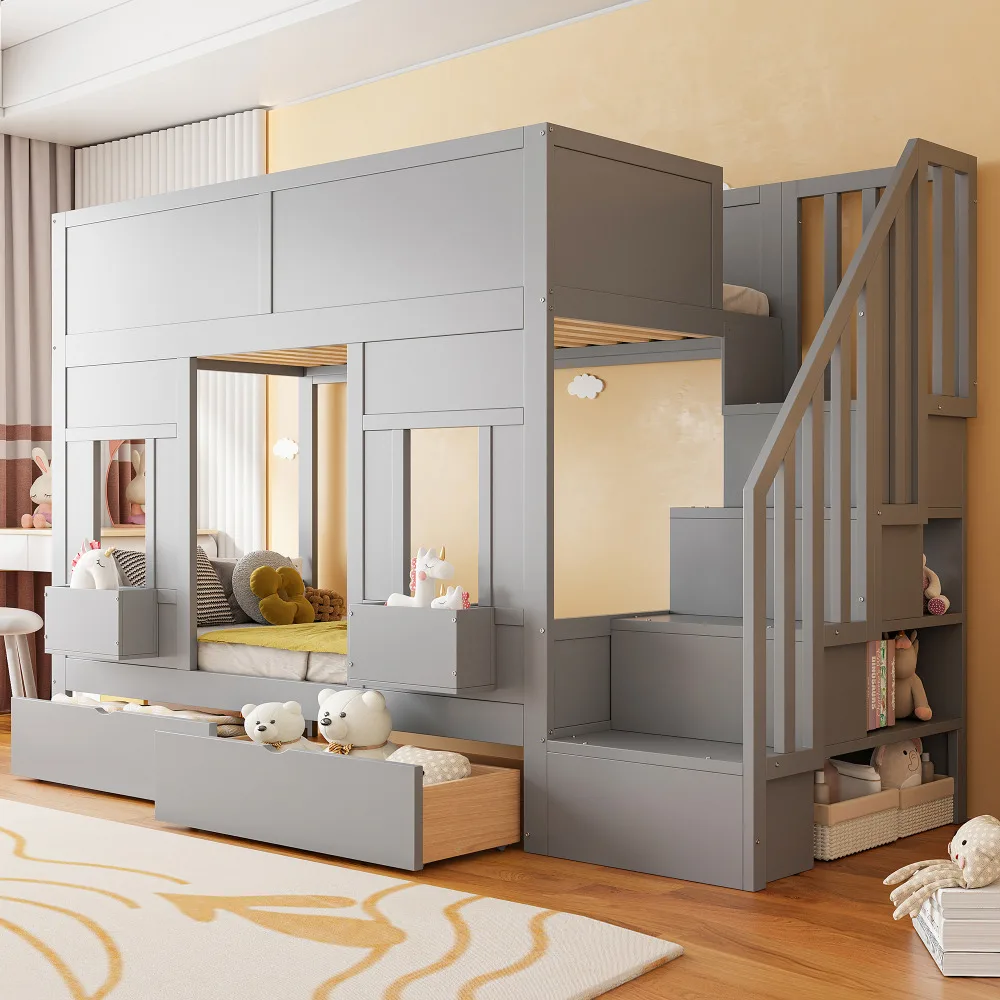 Kinderhochbett 90x200 – Treppenaufbewahrung, Schubladen, Fensteraussparungen, Sicherheitsgeländer, Platzsparend für Kinderzimmer