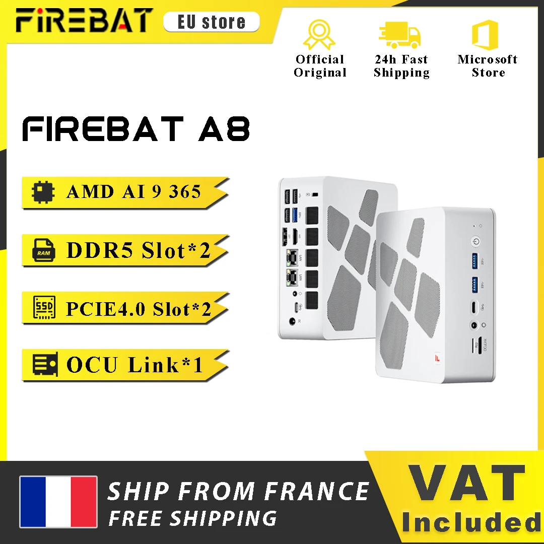 Firebat A8 Mini-PC AMD Ryzen AI 9 365 DDR5 RAM M.2 SSD USB4*2 DDR5*2 PCIe4*2 Windows11 Pro Gaming-Desktop-Computer WiFi6 OCuLink Image