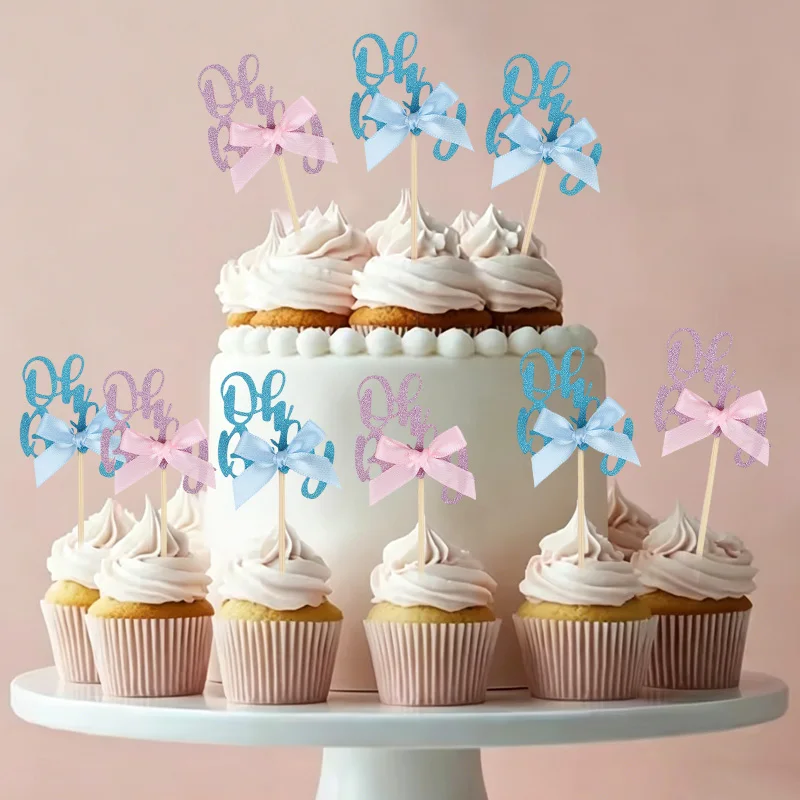 12/24/36 Stück Oh Baby Kuchenaufsatz mit Schleife, Happy Birthday Party Babyparty Kuchendekoration, Geschlechtsoffenbarung Backzubehör Image