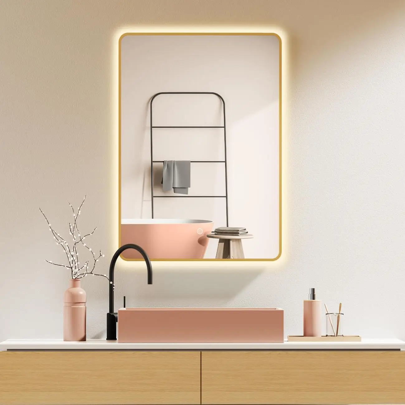HOKO Antibeschlag LED-Badezimmerspiegel 50x70cm mit Metallrahmen, Touchschalter & 3 Farbtemperaturen (2700K-6500K) – Wandmontage Schminkspiegel