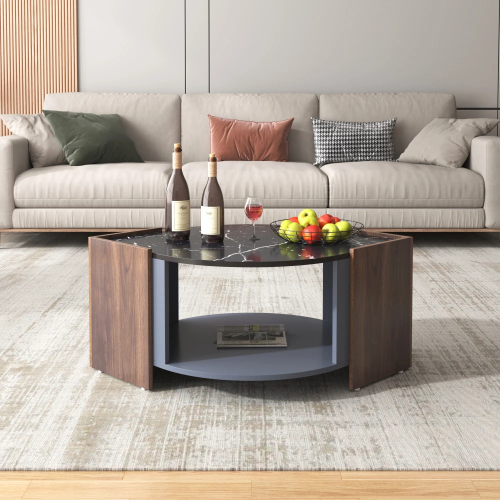 Marmor und Walnuss Kontrastfarben Couchtisch Einzigartiges Liniendesign Wohnzimmer Stabiler Beistelltisch Moderner Innenbereich Wohnzimmer