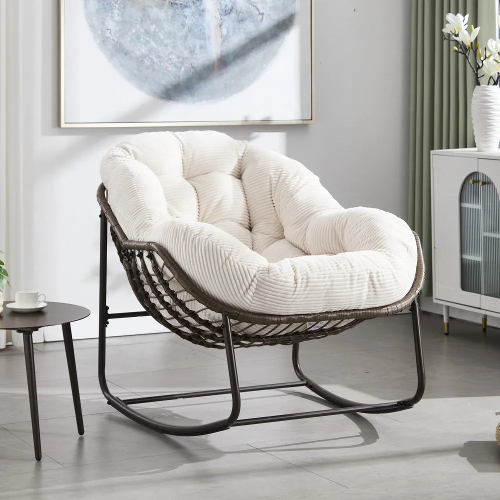 Liegestuhl, gepolsterter Rattan-Schaukelstuhl, Rückenlehne, stabiler Stahlrahmen, geeignet für Wohnzimmer, Terrassen, Gärten, französischer moderner Stil