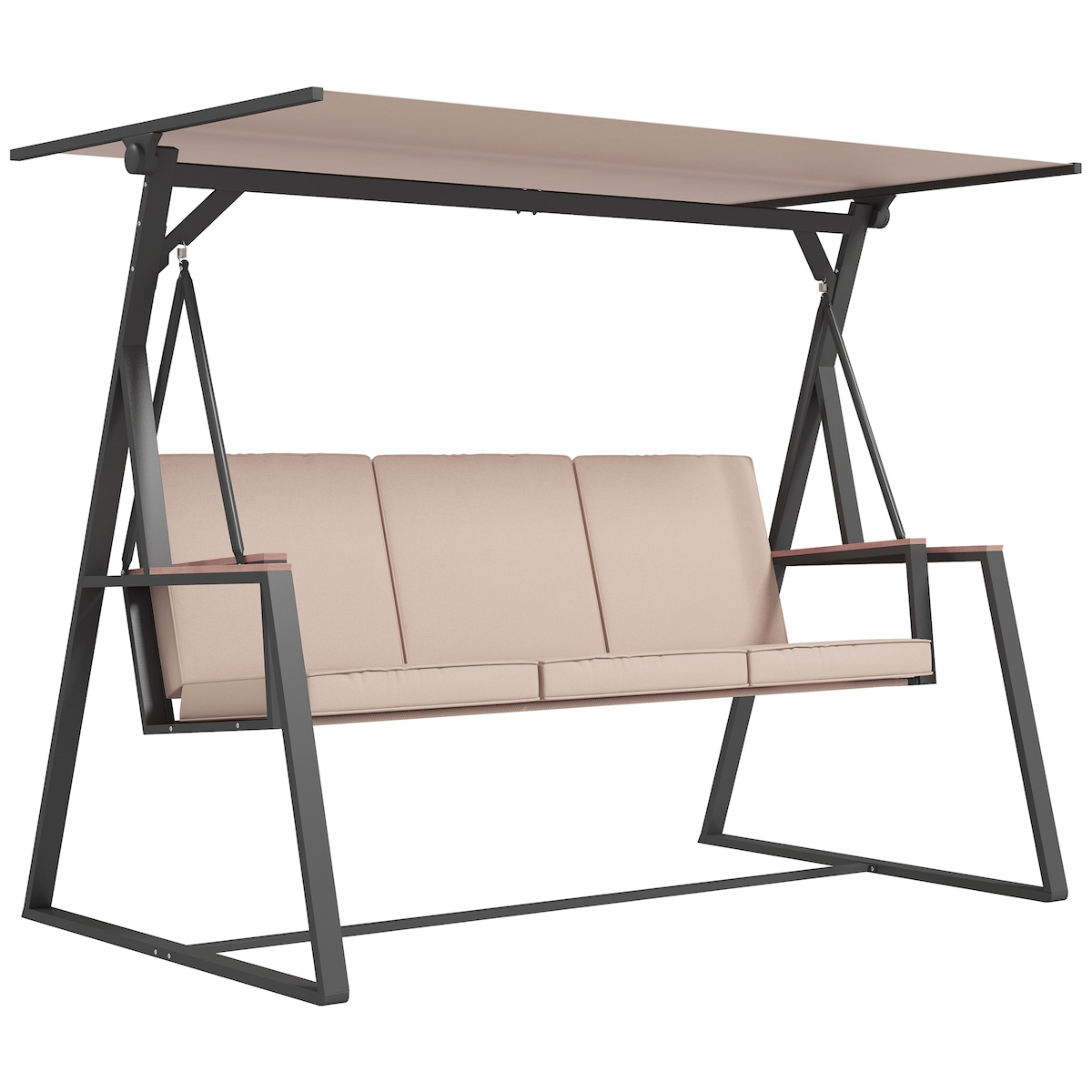 OKWISH 3-Sitzer-Hollywoodschaukel aus Stahl in Khaki, mit verstellbarem Sonnendach, Kissen und 151 cm Sitzbreite Image