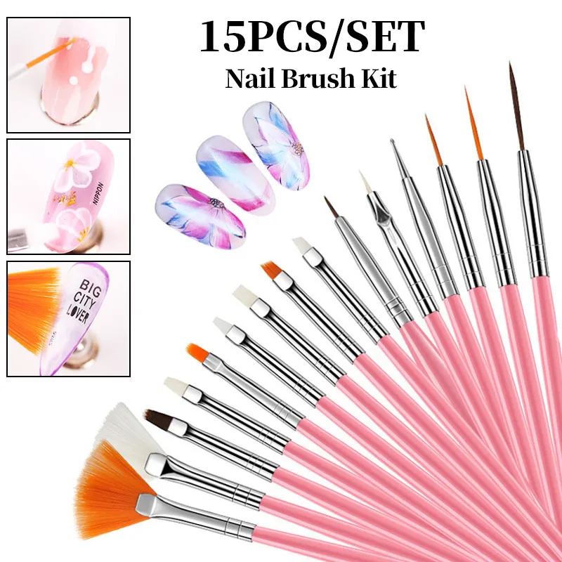 LINMANDA 15 rosa Nagelkunstpinsel-Set, Nagelkunst-Malpinsel, Nagelstudio-Pinselwerkzeuge, geeignet für den Heim- und Nagelstudio-Einsatz Image