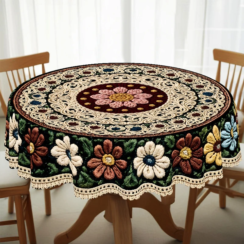 Vintage-Tischdecke mit Blumenmotiv, Anti-Strick-Stil, Blumendruck, klassische Spitze, lebendige Farben mit tiefem, luxuriösem Blumenmuster, geprägter Kanten, wasserfest, knitterfrei, lichtbeständig, für den Sommer, Küche, Wohnzimmer, Dekoration,... Image
