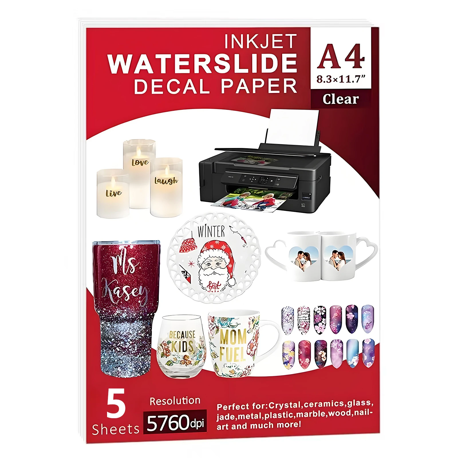 5/10 Blatt A4 INKJET CLEAR Wasserschiebebildpapier - Bedruckbares Wasserschiebe-Transferpapier für DIY-Bastelarbeiten, Gläser, einfache Anwendung Image