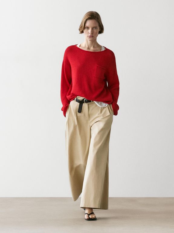 Cotton And Linen Knit Sweater With Pocket Detail - Red - MASSIMO DUTTI Knitwear