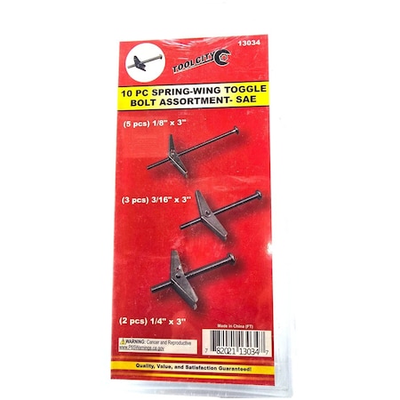 TOOL CITY 13034 10 PIECE SPRING-WING TOGGLE BOLT ASSORTMENT- SAE