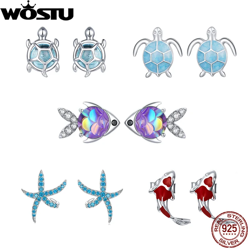 WOSTU Orecchini in argento sterling 925 con stella marina Orecchini con zirconi cubici blu per le donne Gioielli in argento 925 moda CTE136