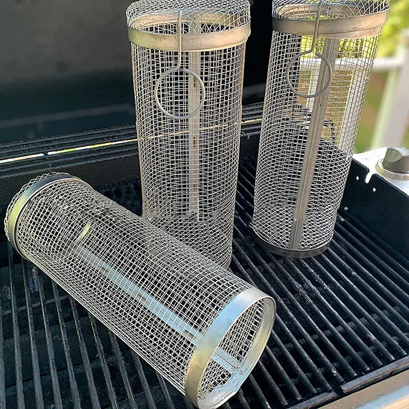 Runder BBQ-Korb aus Edelstahl, Rollender Grillkorb, Drahtgeflecht-Zylinder-Grillkorb, Tragbarer Outdoor-Camping-Grillrost Image