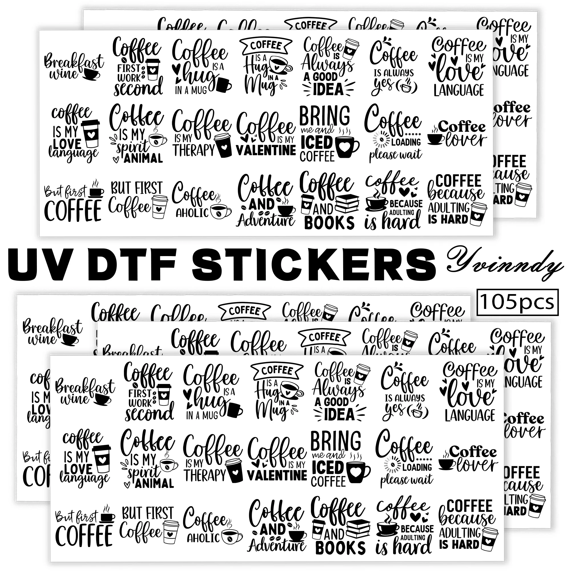 105-teiliges Set Kaffeeliebhaber-Thema Text-Schlüsselanhänger Transferpapier UV DTF Transferpapier Langlebiges Hochviskoses Transferpapier Image